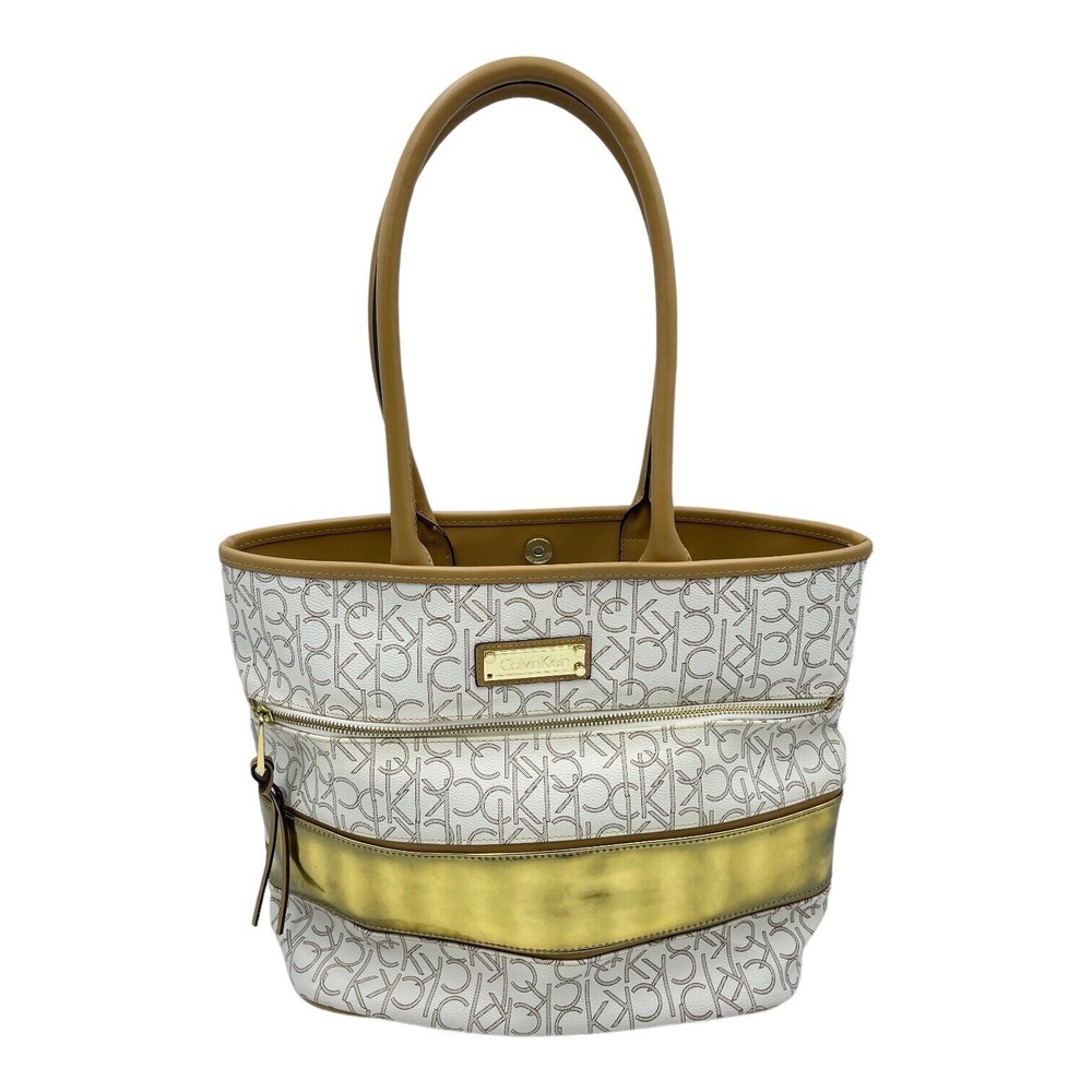 Calvin Klein Logo Print White Gold Stripe Large Tote Handbag Purse